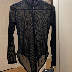 Black mesh mock neck bodysuit
